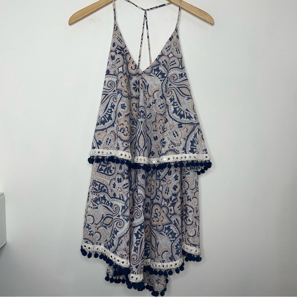 Tularosa Evolette Blue & White Paisley Pom-Pom Metallic Thread Mini Dress Size M - Picture 11 of 16